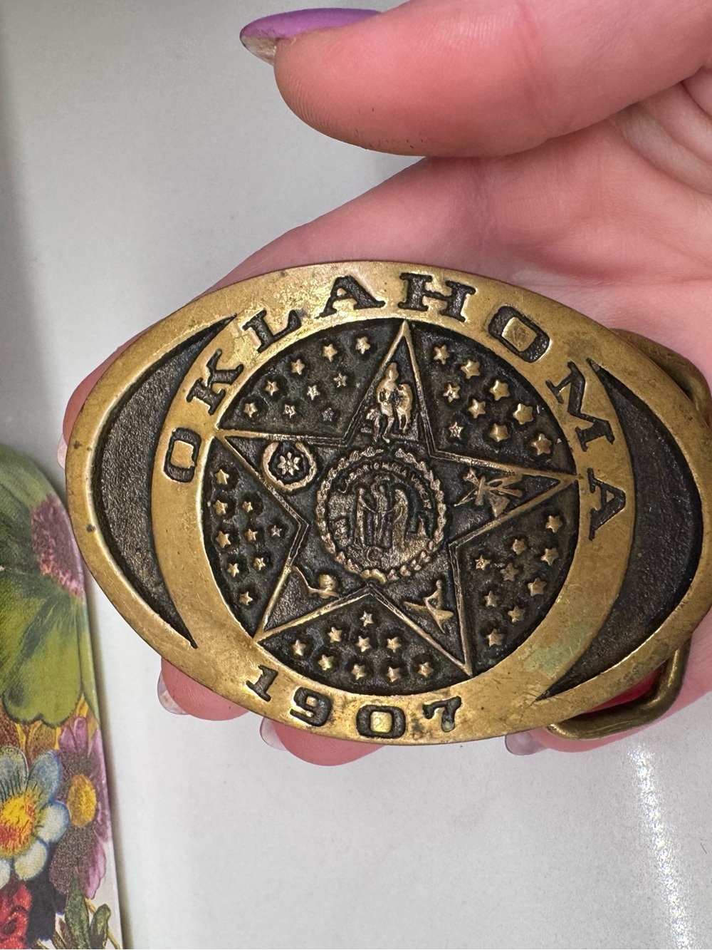 Vintage Oklahoma 1907 State Seal Brass Belt Buckle